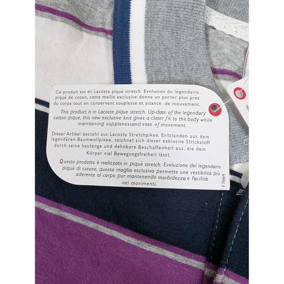 Lacoste Polo‎ Shirt Womens Large Gray Purple Stripe Pique Stretch Croc Logo New - Picture 3 of 8